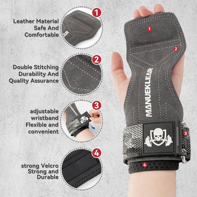 M MANUEKLEAR MANUEKLEAR Gym Straps Weight Lifting, Double Leather Lifting Straps for Men Deadlift with Cushion Wrist Loop, Gym Lifting Wrist Wraps for Weightlifting - Image 4